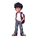 karakter anak sekolah baju  putih lengan panjang di linting baju tidak di masukkan ke celana tetapi ada yang keluar terkesan tidak rapi,celana abu abu panjang sobek di lutut,rambut style lowfade memegang senjata berupa tas ransel