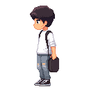 karakter anak sekolah baju kemeja putih lengan panjang di linting,celana abu abu panjang sobek di lutut,rambut style lowfade memegang senjata berupa tas ransel yang di pegang di tangan kanan,karakter menghadap ke kanan,karna untuk game rpg platformer