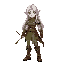  a female elf character, full body, front-facing, wearing light leather armor with green and brown tones, long silver hair, pointy ears, holding a small bow, fantasy rpg style,