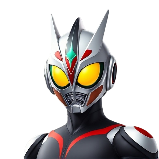 "ultra-realistic full-body fusion of kamen rider and ultraman, with a perfectly balanced helmet design: kamen rider's large compound eyes and pronounced segmented antennae integrated seamlessly into u