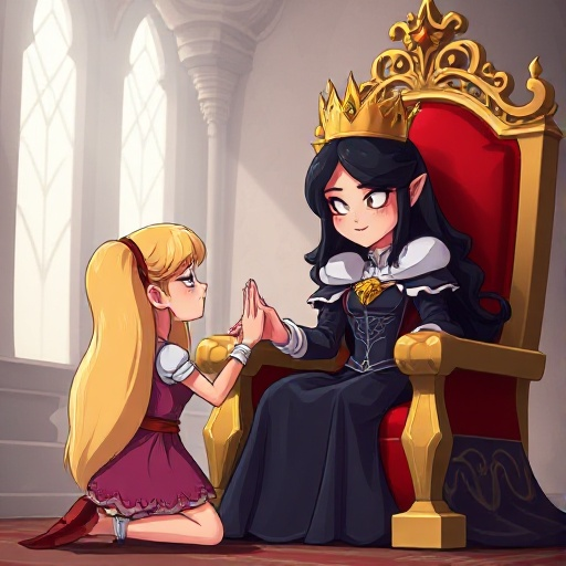 a black haired princess is sitting in her throne. the blonde heroine is kneeling in front of her holding one foot in her hand and kissing it. the queen is looking sadistically at her