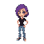 bright cartoon character female in isometric style, with chibi-like proportions — big head, expressive eyes, and small body, purple hair,  black tshirt, jeans. clean lines, colorful cartoon palette, slightly stylized for mobile games. the character stands
