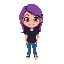 cartoon chibi-style girl, isometric view, big head, expressive eyes, purple hair, black t-shirt, blue jeans. bright mobile-game style, clean lines, colorful palette, dynamic pose, confident smile, full body