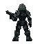 humanoid figure futuristic armored with guncombat pose aggressive stance holding weapon darker accents hooded head clawed hands it has a complex, mechanical design with articulated limbs and body suit various metallic tones rear view