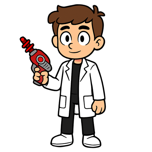 faça um personagem jovem , com capote branco, calça preta , arma lazer e sapato branco.