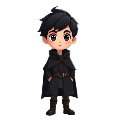 a young guy with black hair. wearing a black cloak (coat).