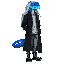 blue anthropomorphic reptile, anime style, wearing black overcoat, gray shirt, dark gray pants and black boots, long silver hair, sidescroller looking right