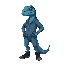 reptil antropomorfo azul, estilo anime, usando sobretudo preto, camisa cinza, calças cinza escuro e botas pretas