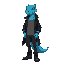 blue anthropomorphic reptile, anime style, wearing black overcoat, gray shirt, dark gray pants and black boots