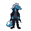 blue anthropomorphic reptile, anime style, wearing black overcoat, gray shirt, dark gray pants and black boots, long silver hair, sidescroller looking right
