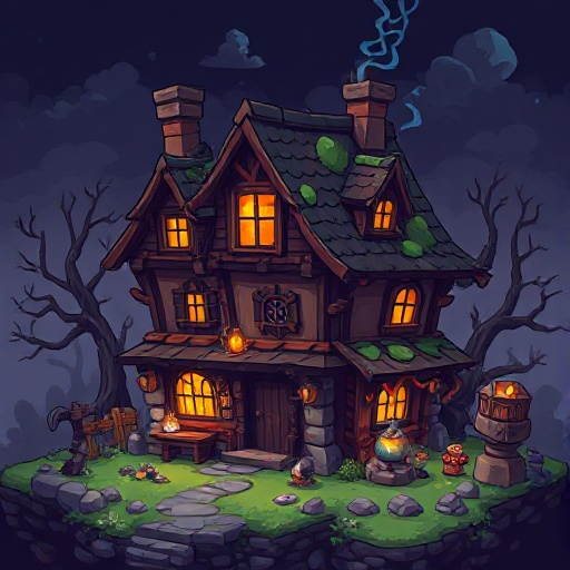 alchemical house tilemap sprite sheet. use dark colors 