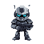 robot with gun on black background with white dots