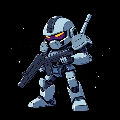 robot with gun on black background with white dots