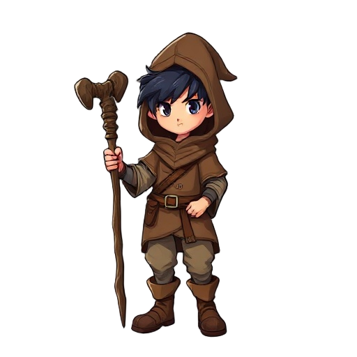 a young wizard with black hair who carries a rough wooden staff and wears a brown hooded cloak, boots, and cloth pants.