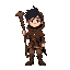 a young wizard with black hair who carries a rough wooden staff and wears a brown hooded cloak, boots, and cloth pants.