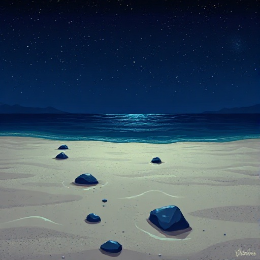 generate an image of a vast expanse of the bikini bottom ocean floor at night, rendered in a detailed 16-bit pixel art style. several small dark rocks are scattered on the sand. in the far-off distanc