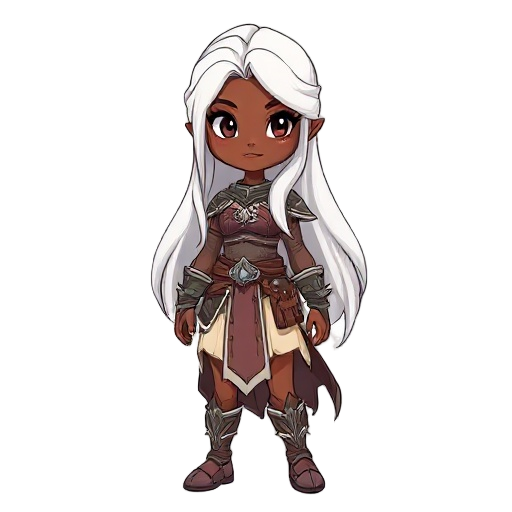warrior princess with dark brown skin and long white hair