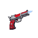 fantasy pistol, powered by magic crystal, black red color scheme with white trim