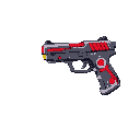 fantasy sci-fi pistol, powered by magic crystal, black red color scheme with white trim