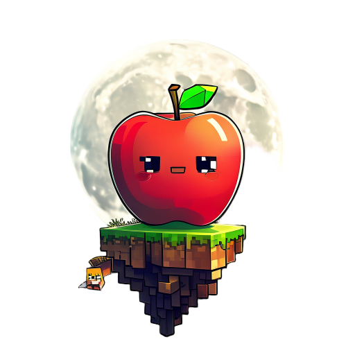 having an apple starring at the moon and we look from behind the apple . and there's minecraft particle xp floating around it. the moon is big and the apple is on a cliff and there's small white stars in the sky