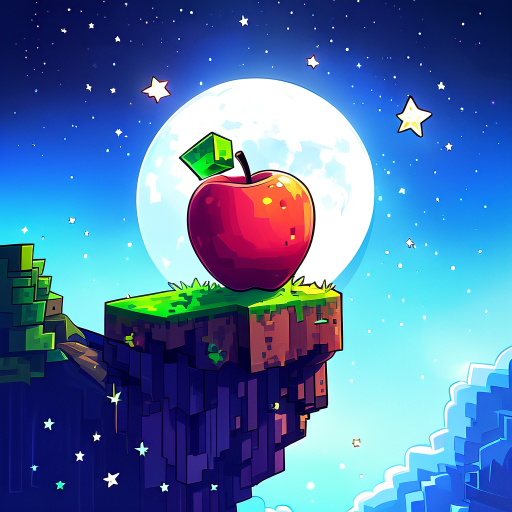 having an apple starring at the moon and we look from behind the apple . and there's minecraft particle xp floating around it. the moon is big and the apple is on a cliff and there's small white stars in the sky 