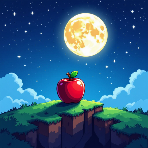 having an apple starring at the moon and we look from behind the apple . and there's minecraft particle xp floating around it. the moon is big and the apple is on a cliff and there's small white stars in the sky 