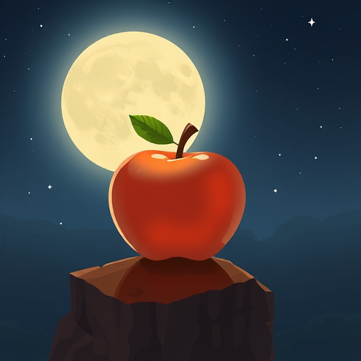 having an apple starring at the moon and we look from behind the apple . and there's minecraft particle xp floating around it. the moon is big and the apple is on a cliff and there's small white stars in the sky 