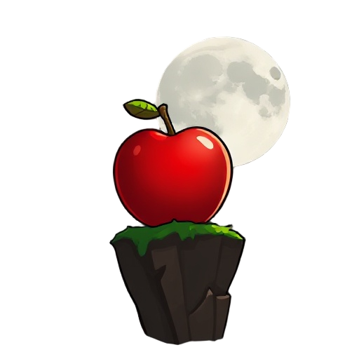 having an apple starring at the moon and we look from behind the apple . and there's minecraft particle xp floating around it. the moon is big and the apple is on a cliff and there's small white stars in the sky