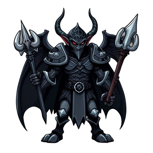 cria um inimgo alto  com asas , elfo negro  que sera um inimigodo meujogo boss bem forte estil castlevania ele usa uva venda e uma armadura noombro esquerdo