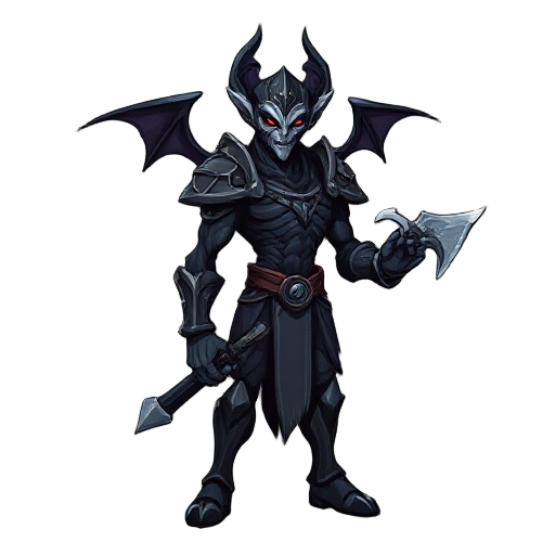 cria um inimgo alto  com asas , elfo negro  que sera um inimigodo meujogo boss bem forte estil castlevania ele usa uva venda e uma armadura noombro esquerdo