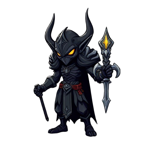 cria um inimgo alto  com asas , elfo negro  que sera um inimigodo meujogo boss bem forte estil castlevania ele usa uva venda e uma armadura noombro esquerdo