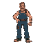 hillbilly big right arm bloodstained denim overalls with one broken strap on the right side and a green sneaker on his right foot.