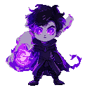 a small carecter but a power of dark and dark glowing purpal aura type boy carecter like a a mage with dark and glowing aura 