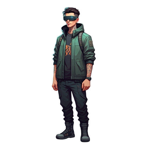 estilo cyberpunk, com roupas e acessórios que lembram um "hacker" (um estilo mais casual, com jaqueta ou capa tecnológica e óculos de realidade aumentada). o visual pode incluir tatuagens digitais