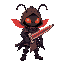 insectoid, hooded, glowing eyes, red glow, sword,