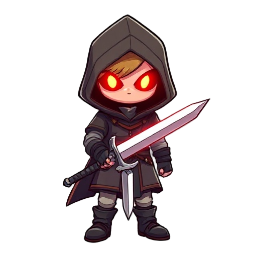 hooded, glowing eyes, red glow, sword