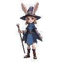 a young female mage, with rabbit's ears and hands, wearing a wizzard hat and a staff on her hand, moving animation