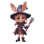 a young female mage, with rabbit's ears and hands, wearing a wizzard hat and a staff on her hand, moving animation
