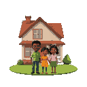 an african american family in front of their home, the family is small compared to the home with little details