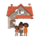 an african american family in front of their home, the family is small compared to the home with little details