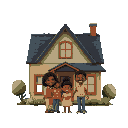 an african american family in front of their home, the family is small compared to the home with little details