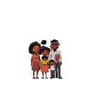 an african american family in front of their home, the family is small compared to the home with little details