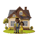 an african american family in front of their home, the family is small compared to the home with little details