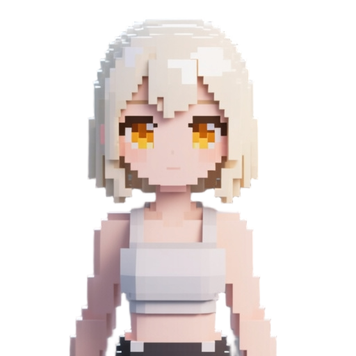 high-detail voxel / 3d pixel art character of a young woman with platinum blonde hair, pale skin, honey amber eyes. stylized proportions, cute anime-inspired face, clean geometry. hair slightly glossy, straight with volume. wearing a simple modern outfit.