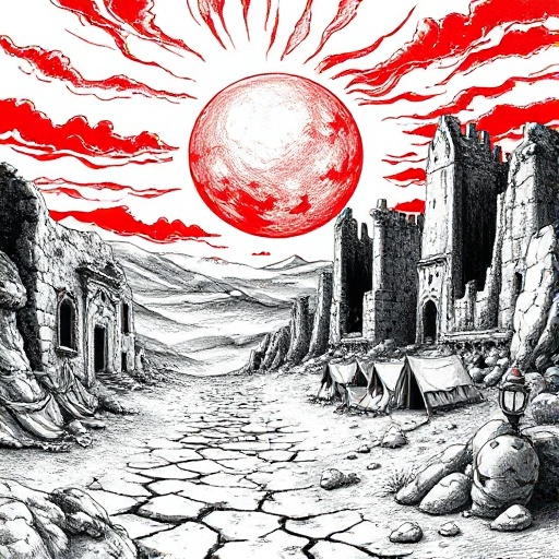 b&w crosshatching of fantasy desert scene: crimson sun, cracked earth, stone ruins, decaying fortresses, tents. medieval woodcut style, dense linework, gothic atmosphere, high contrast mono