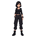dungeonpunk retro style women with black cargo pants. black hair