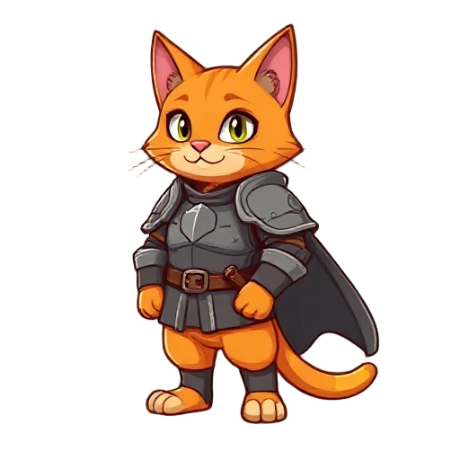 a orange cat waering a medieval armor with a cape covering only the right shoulder with a sword at the waist