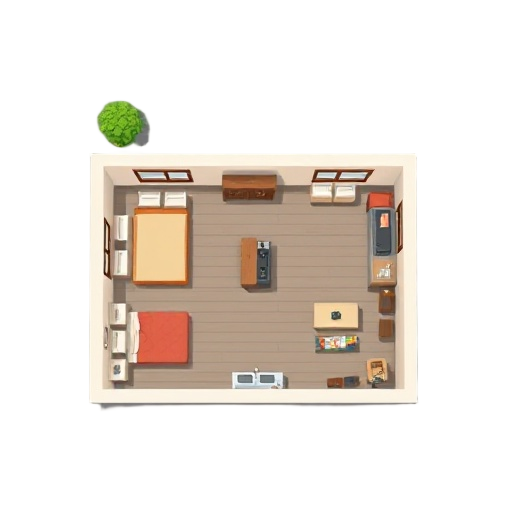 top-down house plan with 2 bedrooms and 1 kitchen