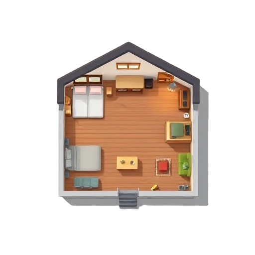 top-down house plan with 2 bedrooms and 1 kitchen