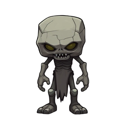 generate a ghoul made from stone, almost short height with a head stuck to budy with no neck. head looks like a big stone wall. gould has a very heavy weight and his legs almost looks like pilars